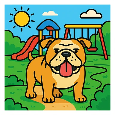 Add a playful background, such as a park or colorful playground, to the standing English bulldog icon in color outline style. sticker