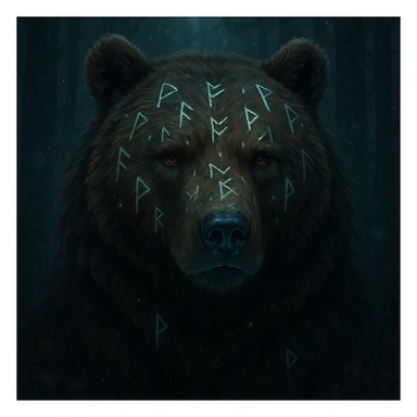 a bear's head with runes carved into fur, mystical atmosphere sticker