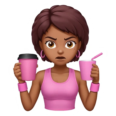 Angry brown girl with pink gym set and coffee sticker