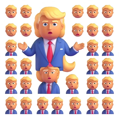 Donald Trump as a 3D emoji, exaggerated features, orange skin, blond hair, blue suit, red tie, no text sticker