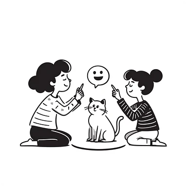 two girls and a cat drawing an emoji, hand-drawn doodle style sticker