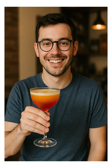 A person with glasses holding a cocktail glass sticker