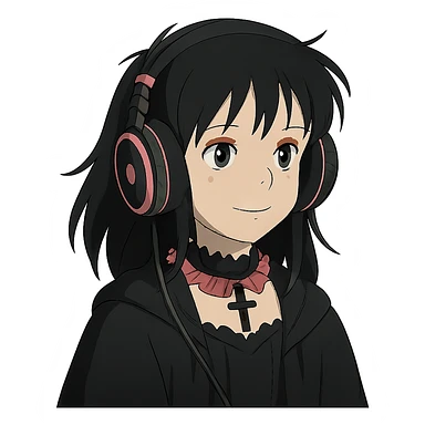 gothic headphones, black and pink colors, ghibli style sticker