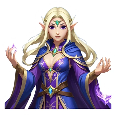 Cinematic Realistic WoW Elf Mage Portrait, captured in a dynamic, battle-ready stance, her graceful form exuding raw arcane energy. Her luminous skin and delicate features, set against an intricately detailed robe in consistent deep blues and purples with golden accents, are rendered with lifelike texture and dynamic, magical lighting, high shine, fierce and commanding, embodying the relentless spirit of an elven sorceress mid-spell. sticker