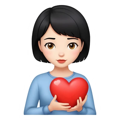 Black haired short hair girl holding a big heart or hugging it sticker