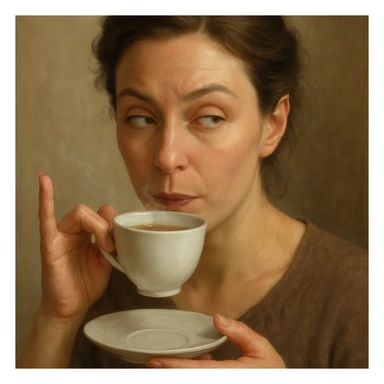 realistic woman giving side eye while sipping hot tea with her pinky up, detailed digital painting, natural lighting sticker