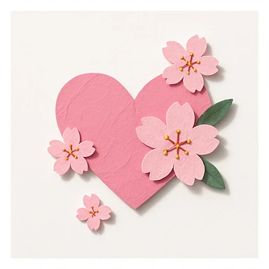pink heart with sakura flowers, paper craft style, textured and layered sticker