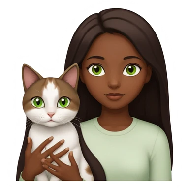 black girl with brown eyes with straight long dark brown hair with a side part holding a female white cat with green eyes sticker