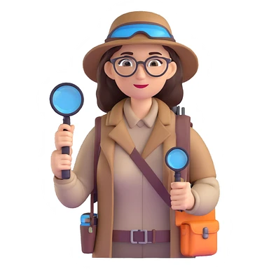 Curious professional woman explorer with glasses, modern outdoor equipment, single magnifying glass, stylized 3d look sticker