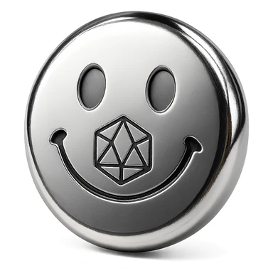 round polished chrome emoji featuring Polyhedra logo rendered with clean futuristic metallic texture cohesive with set sticker