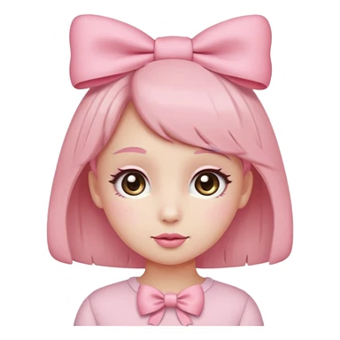 Cute coquette emoji, round face, big sparkling eyes, soft blush on cheeks, small pink bow on top of the head, pastel colors, simple vector style, transparent background


 sticker