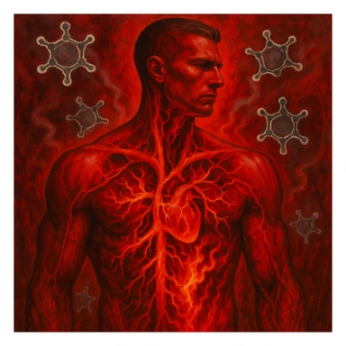 surreal anatomical view of a human body strong on the outside, but inside arteries with flows of oxidized omega-6 fatty acids like fire or acid causing inflammation; hexane molecules floating like ghosts; bright red tones to emphasize inflammation sticker