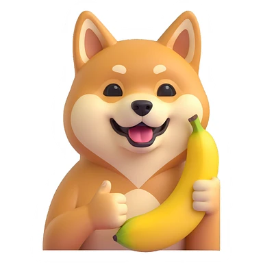 shiba inu showing thumb up and having banana sticker