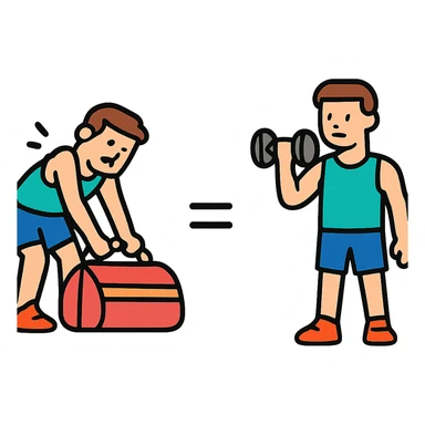 The picture is devided into two parts  the firts picture shows asportsman is struggling to lift a gymbag, the second one show the same sportsman doing a workout. There's sybmol equal between these pictures sticker