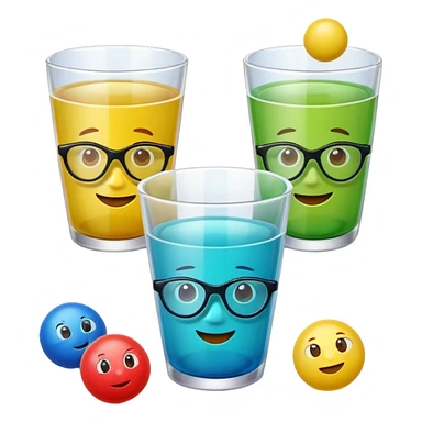 Cute 3D cartoon emoji sticker of a plastic glass-and-ball game with three glossy plastic glasses (blue, green, red) and a yellow ball. Soft lighting, smooth shadows, playful look, white sticker outline, transparent background, high resolution.” sticker