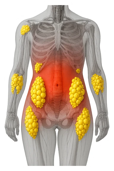 corpo umano anatomico con addome e fianchi segnati in rosso, grappoli di cellule adipose gialle su fianchi e addome sticker
