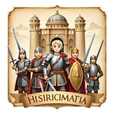 Icon for Historical Movies: A vintage movie poster-style design with elements of ancient architecture, historical figures in period costumes, and a backdrop of a historical event or battle. Include scrolls, swords, and shields. Retro cinematic feel. Transparent background. sticker