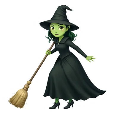 Elphaba, green witch with black hat and long black dress riding a broomstick sticker