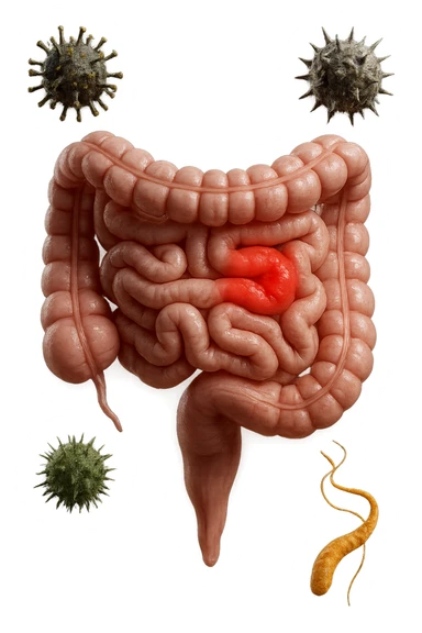 intestino anatomico realistico con red spot di infiammazione CON VARIE PARTICELLE TOSSICHE CHE CERCANO DI ATTACCARLO, IPERREALISTICO 4K sticker