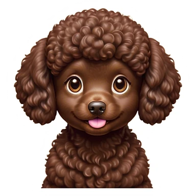 Cinematic Cute Chocolate Poodle Portrait Emoji, Head tilted playfully and inquisitively, showcasing a bouncy, curly chocolate Fur with a healthy sheen, round, sparkling brown eyes filled with curiosity, Simplified yet irresistibly adorable features, highly detailed, glowing with a warm, friendly glow, high shine, affectionate and lively, stylized with a touch of whimsy, bright and endearing, soft glowing outline, capturing the essence of a mischievous yet loving companion, so playful it feels like it could bounce out of the screen and into your arms! sticker