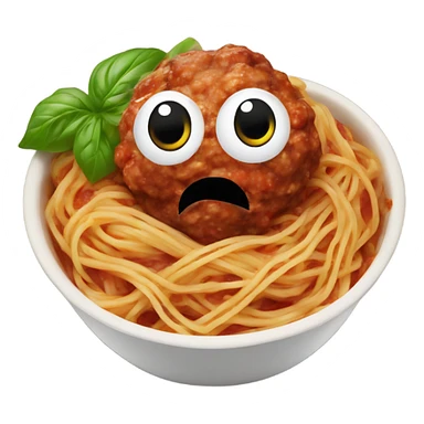 spaghetti with meatballs in a bowl with basil sticker