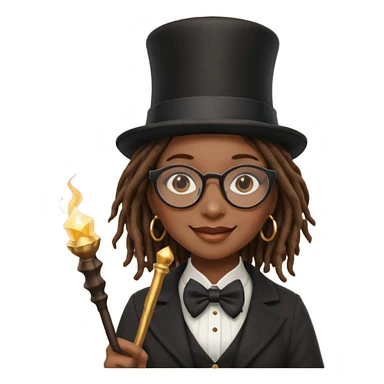 Black female with dread lock hair and large glasses in a top hat with a magic wand sticker