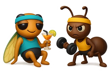 EMOJI STILE IPHONE 3D DI UNA CICALA E UNA FORMICA IN ABITI FITNESS, LA CICALA HA IN MANO UN COCKTAIL MENTRE LA FORMICA HA IN MANO UN MANUBRIO DA PALESTRA. L'IMMAGINE RAPPRESENTA IL FATTO CHE LA FORMICA VOGLIA IMPEGNARSI REALMENTE PER CAMBIARE IL SUO FISICO MENTRE LA CICALA SI VUOLE DIVERTIRE E NON CONCLUDE NULLA ALLA FINE sticker