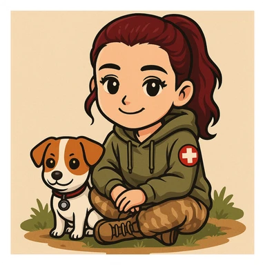 military girl, a medic with a small dog, sticker style, make the character look like her sticker