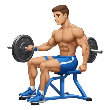 side-view bodybuilder in blue shorts seated weighted calf-raise machine on his tip toes sticker