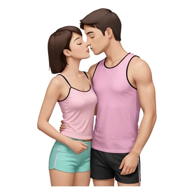 A couple, mid-20s, standing close and kissing. Man: short brown hair, clean-shaven, wearing a plain pastel pink t-shirt and dark shorts. His left arm is wrapped around the woman’s waist. Woman: long straight brown hair, wearing a black sleeveless glittery top with thin straps and a black skirt.  sticker