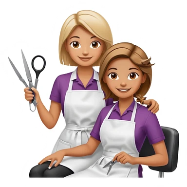 smiling woman in apron sitting in salon chair, smiling female hairstylist behind her with scissors sticker
