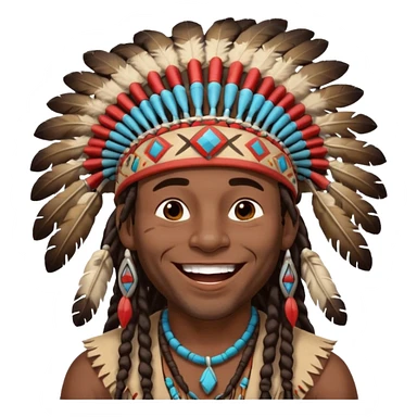 Black American man dark brown with dreads with a American Indian headdress with a laughing face sticker