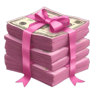 a stack of pink money bills tied with a ribbon sticker
