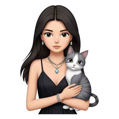 Kendall Jenner long hair with black dress and necklace hug one grey white cat sticker