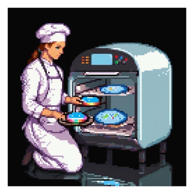 Ein futuristischer Bäcker mit holografischen Zutaten, Laserpräzision und einem Ofen, der mit Lichtstrahlen arbeitet. Interface wirkt wie Glas mit Lichtreflexen, Buttons wie Touchpads mit haptischem Feedback. sticker