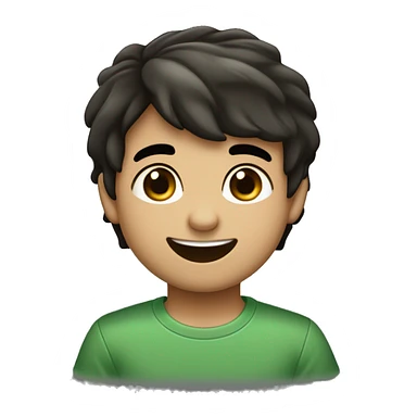 Cara de un niño blanco con nariz respingada, ojos grandes cafe oscuro, pestañas negras cejas pobladas. Pelo negro liso corto de un lado. Sonrisa amable camisa verde sticker