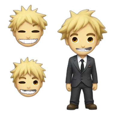 Denji with his blond hair in a shaggy style, brown eyes, with his shark teeth, is smiling evil and with a shirt with a black tie from chainsawman sticker