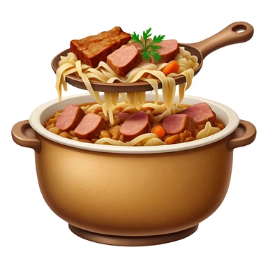 Cinematic Realistic Bigos Dish Emoji, showcasing a hearty stew of sauerkraut and meats rendered with rich textures and dynamic, rustic lighting. sticker