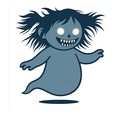 Make the cartoon girl ghost scarier by giving her sharp teeth, wild hair, and eerie glowing eyes. Keep the style consistent and remove the background. sticker