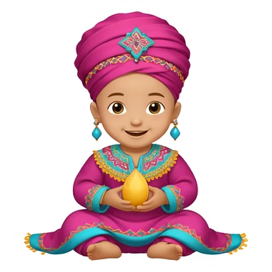  baby, dressed in colorful ghalibiya with delicate decorations, and a traditional Moroccan terbuka sticker