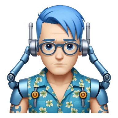 Franky with blue hair, metal nose, Hawaiian shirt, robotic arms sticker