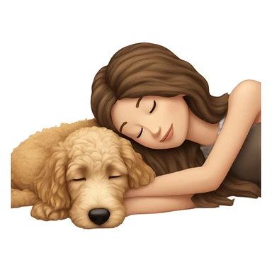 White girl straight  brown hair sleeping with golden doodle puppy  sticker