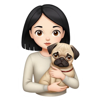 a black hair girl, with brown eyes and white skin carrying her pug  sticker