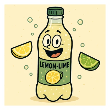 cartoon style illustration of a bottle of lemon-lime soda, with lemon and lime wedges, cool and sparkling sticker