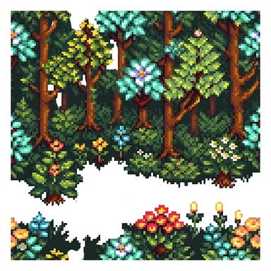 springtime forest with blooming flowers and green foliage in pixel art style sticker