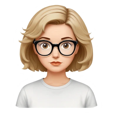 white woman in 50s, light warm skin, short messy bob with some waves, medium brown hair, big black thick glasses, white t-shirt, focused and serene look sticker