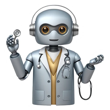 robot with a doctor's coat and a stethoscope sticker