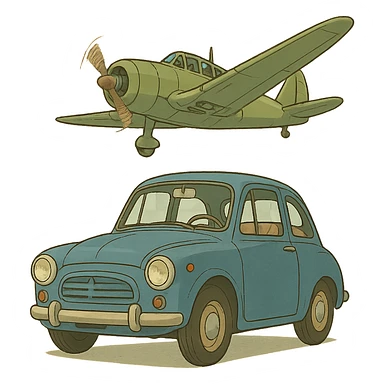 ghibli style car with a plane sticker