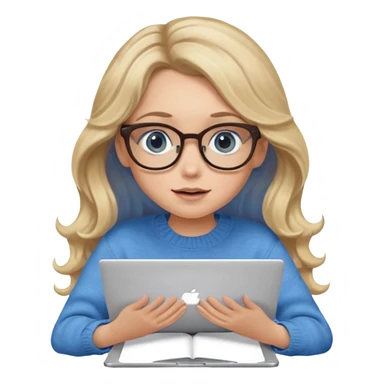 blonde girl with long dark blonde wavy hair, blue big eyes, pantos-style glasses, a brown sweater, sitting and looking in laptop, soft pastel, upper body shot sticker