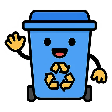 blue recycling bin with a big smile, waving hand sticker